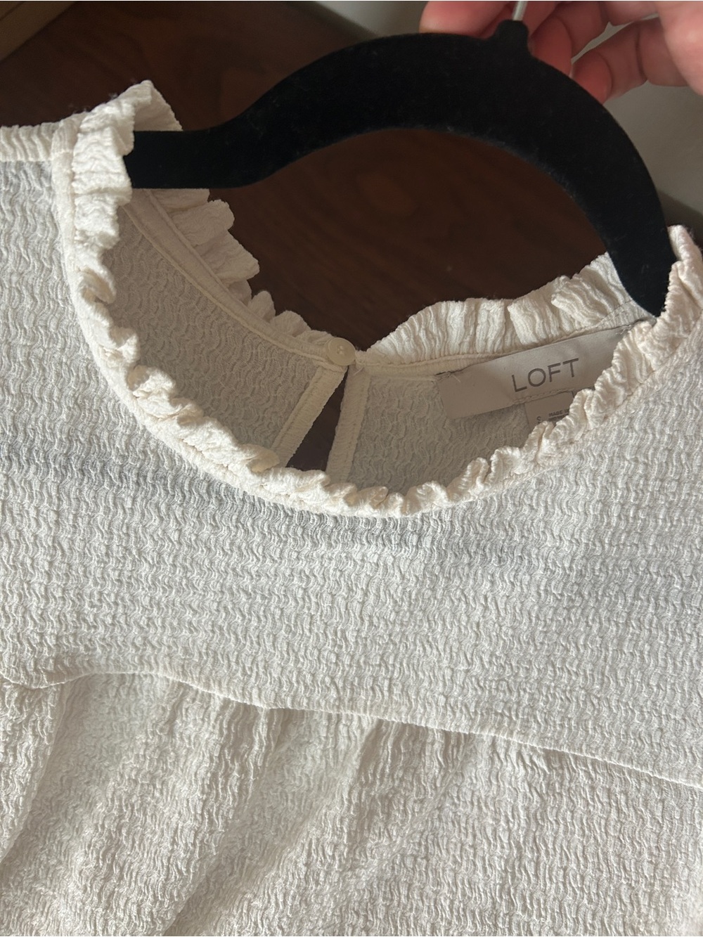 LOFT Cream Textured Ruffle-Neck Short Sleeve Blouse - Picture 3 of 3